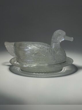 Antique Challifor Taylor Duck on Nest Pressed Glass Butter Dish